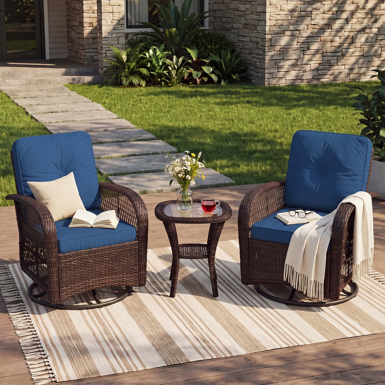 BaPiPro 3 Piece Outdoor Wicker Swivel Rocker Patio Set, All-Weather Rattan Conversation Furniture with 2 Cushioned Armchairs & Tempered Glass Side Table, Navy Blue, for Deck Backyard Porch