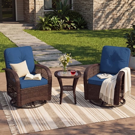 BaPiPro 3 Piece Outdoor Wicker Swivel Rocker Patio Set, All-Weather Rattan Conversation Furniture with 2 Cushioned Armchairs & Tempered Glass Side Table, Navy Blue, for Deck Backyard Porch