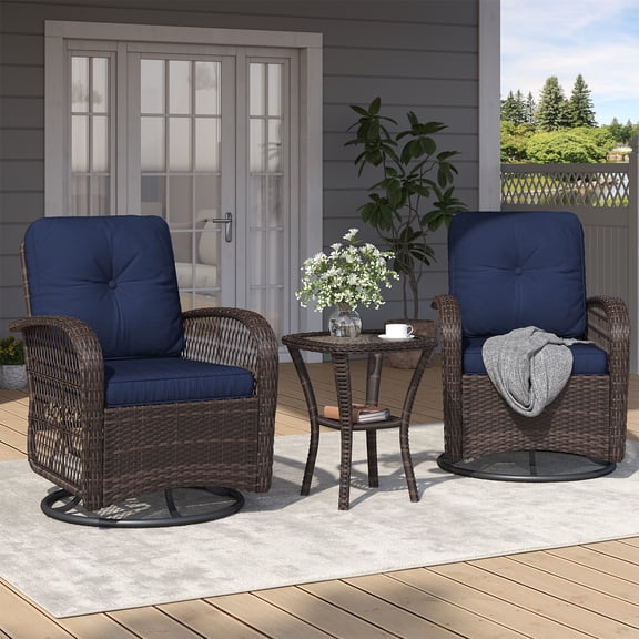 BaPiPro 3 Piece Outdoor Wicker Swivel Rocker Patio Set, All-Weather Rattan Conversation Furniture with 2 Cushioned Armchairs & Tempered Glass Side Table, Navy Blue, for Deck Backyard Porch
