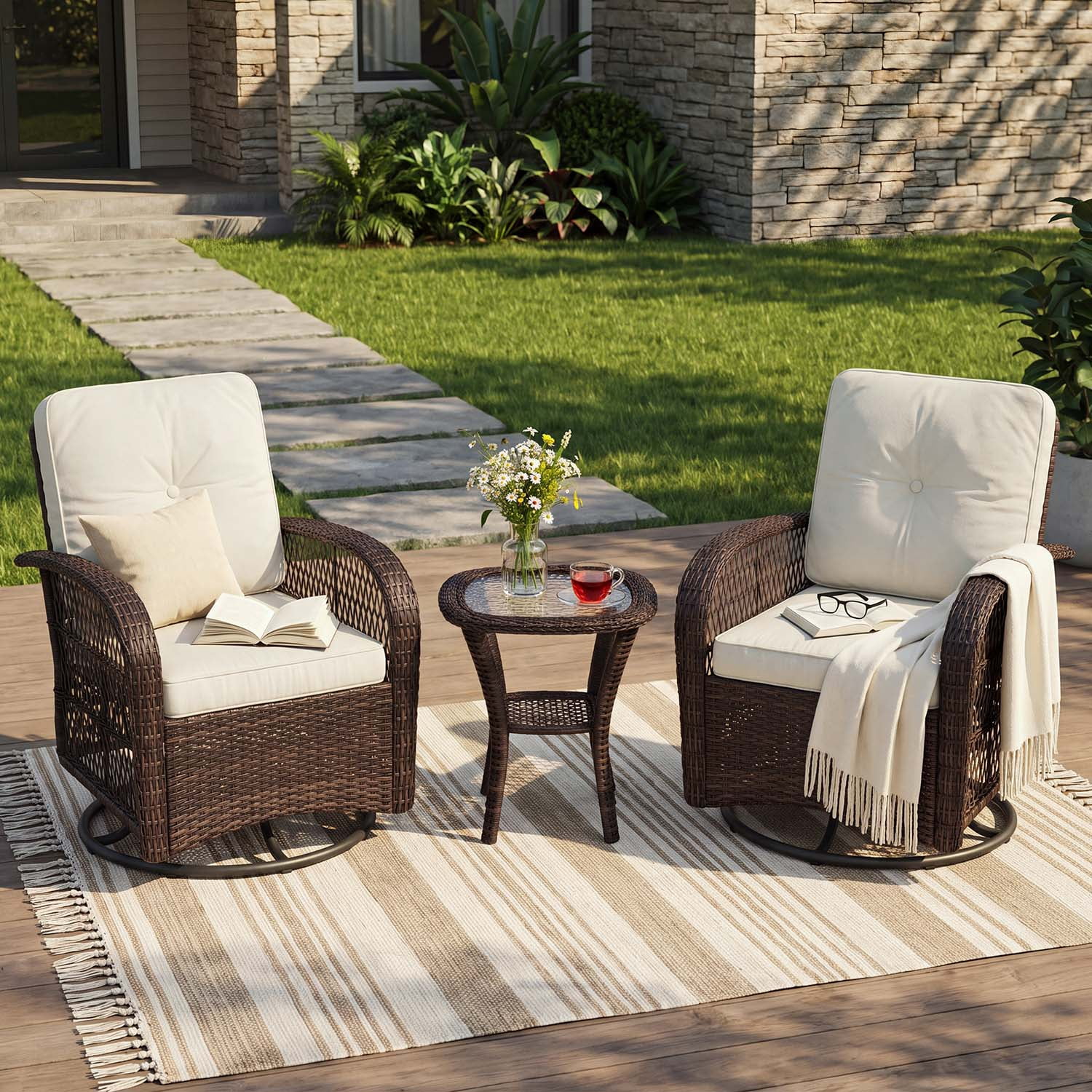BaPiPro 3 Piece Outdoor Wicker Swivel Rocker Patio Set, All-Weather Rattan Conversation Furniture with 2 Cushioned Armchairs & Tempered Glass Side Table, Off-White, for Deck Backyard Porch