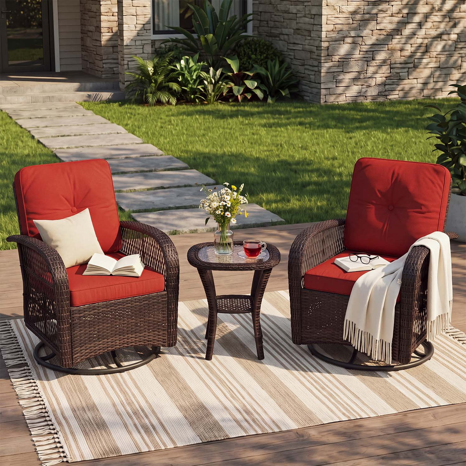 BaPiPro 3 Piece Outdoor Wicker Swivel Rocker Patio Set, All-Weather Rattan Conversation Furniture with 2 Cushioned Armchairs & Tempered Glass Side Table, Wine Red, for Deck Backyard Porch