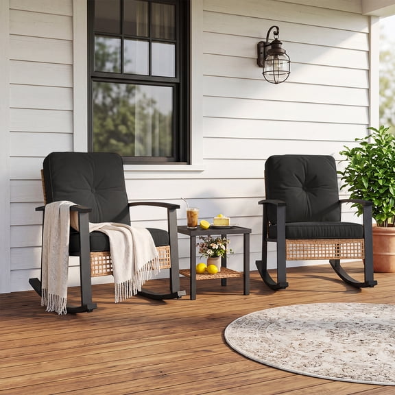 BaPiPro 3‑Piece PE Wicker Outdoor Rocking Chair Patio Furniture Set, Galvanized Steel Frame Rocking Chairs with Water‑Resistant Cushions, 2‑Tier Coffee Table, for Porch Backyard Poolside, Black