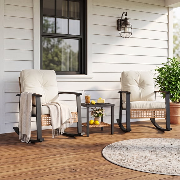BaPiPro 3‑Piece PE Wicker Outdoor Rocking Chair Patio Furniture Set, Galvanized Steel Frame Rocking Chairs with Water‑Resistant Cushions, 2‑Tier Coffee Table, for Porch Backyard Poolside, Beige