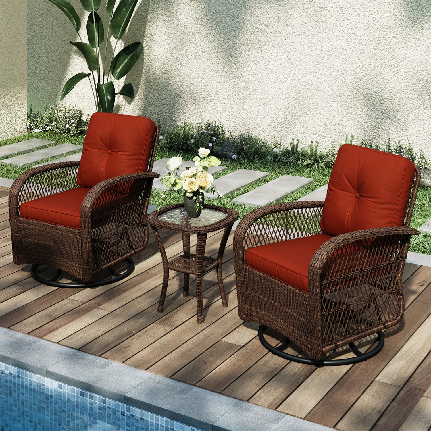 BaPiPro 3 Piece Red Outdoor Swivel Rocker Wicker Patio Furniture Set, All-Weather Resistant Rattan Conversation Set with Cushions & Tempered Glass Side Table for Porch, Deck, Backyard