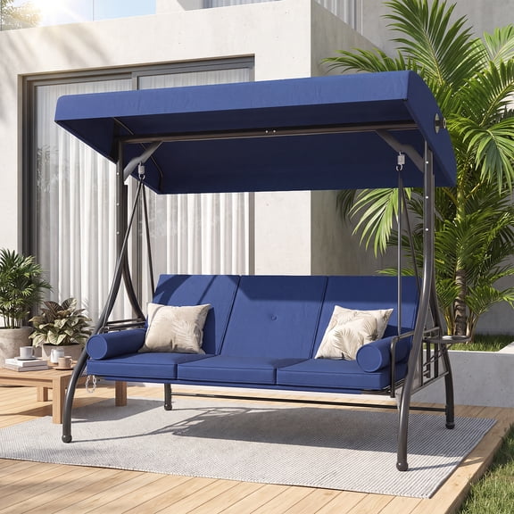 BaPiPro 3-Seat Metal Patio Swing with Adjustable Canopy, Cushions, Foldable Side Table, 2-in-1 Design for Patio, Garden, Porch, Blue