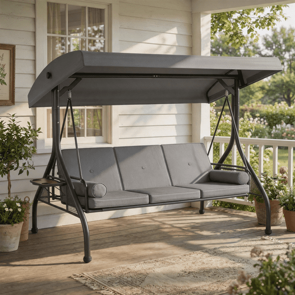 BaPiPro 3-Seat Metal Patio Swing with Adjustable Canopy, Cushions, Foldable Side Table, 2-in-1 Design for Patio, Garden, Porch, Gray