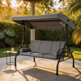 thumbnail image 1 of BaPiPro 3-Seat Metal Patio Swing with Adjustable Canopy, Cushions, Foldable Side Table, 2-in-1 Design for Patio, Garden, Porch, Gray, 1 of 9