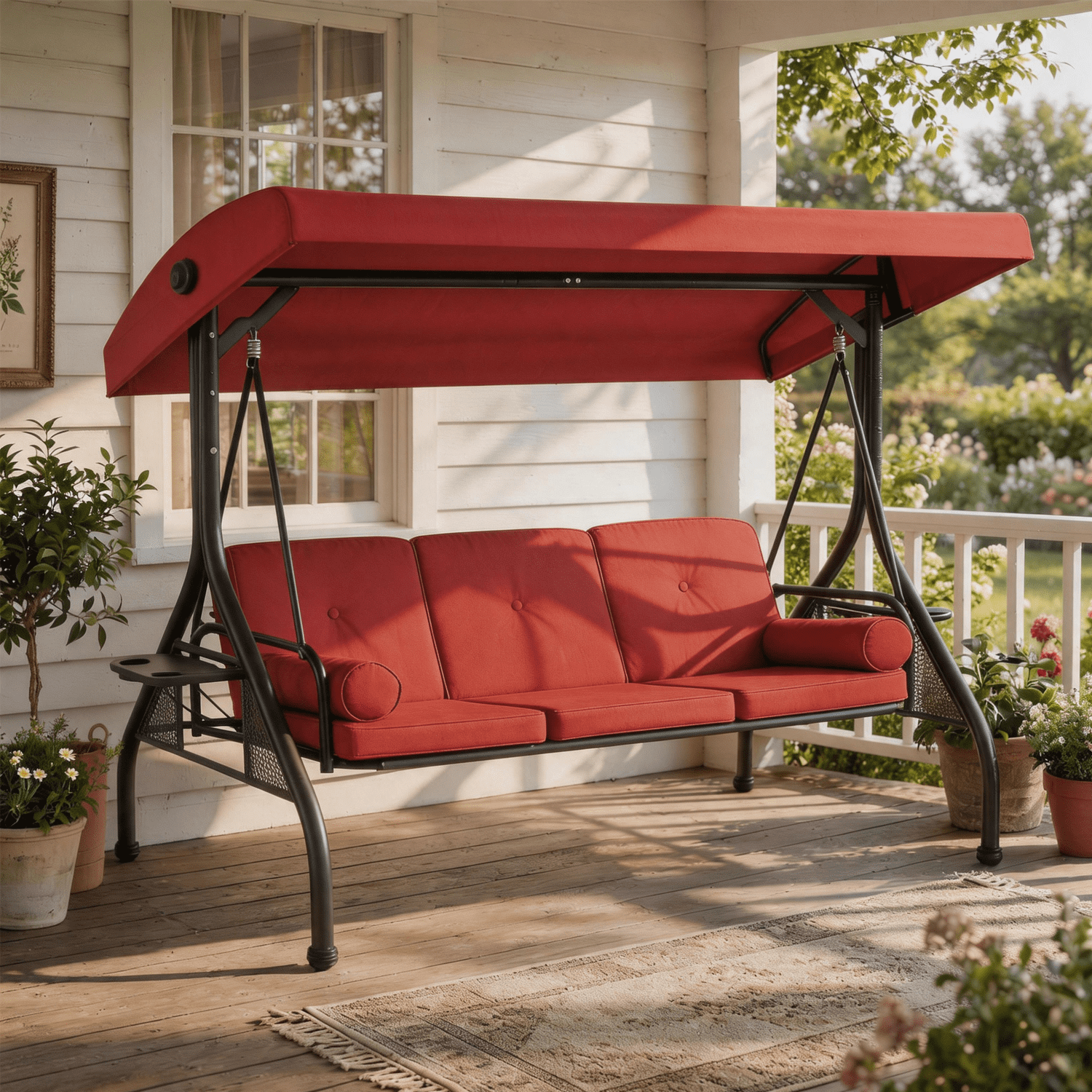 BaPiPro 3-Seat Metal Patio Swing with Adjustable Canopy, Cushions, Foldable Side Table, 2-in-1 Design for Patio, Garden, Porch, Red