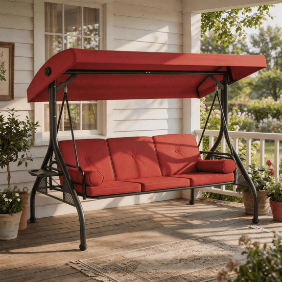 BaPiPro 3-Seat Metal Patio Swing with Adjustable Canopy, Cushions, Foldable Side Table, 2-in-1 Design for Patio, Garden, Porch, Red