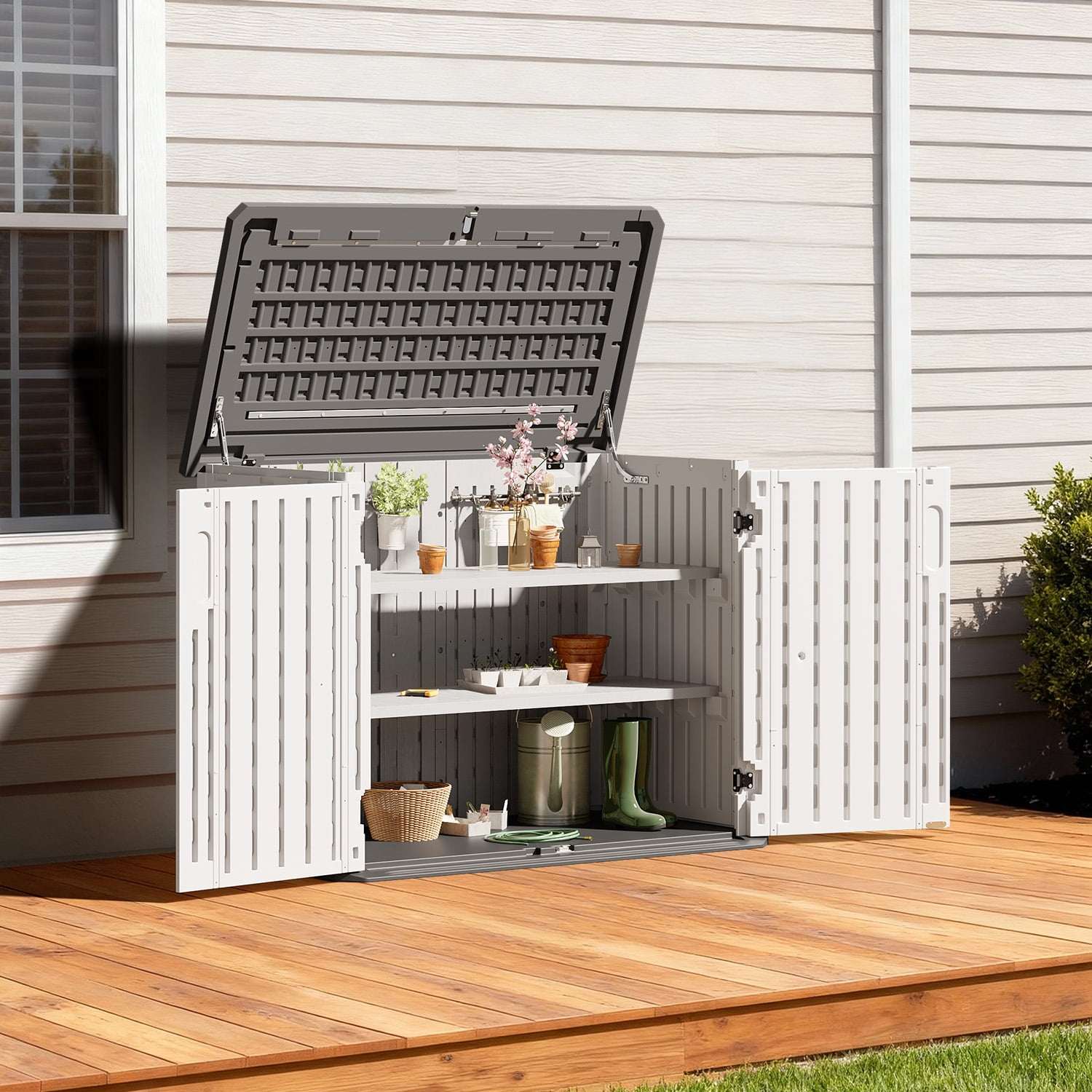 BaPiPro 35 Cu.Ft Outdoor Storage Cabinet with 2 Shelves - Waterproof Horizontal Resin Storage Shed for Tools, Garbage Bins, Generator & Lawn Mower，White