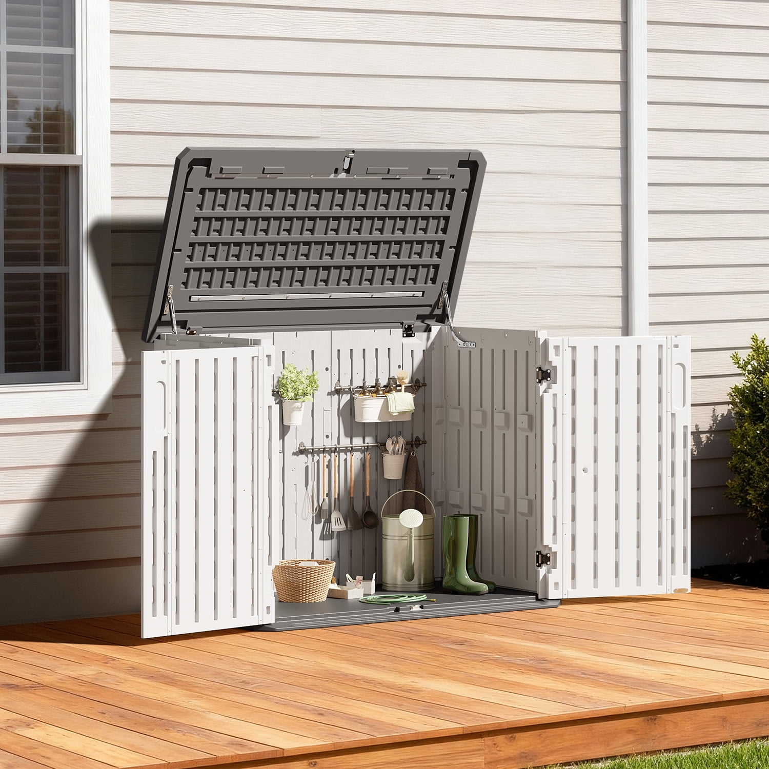 BaPiPro 35 Cu.ft Outdoor Storage Shed with Floor, All-Weather Horizontal Resin Storage Cabinet with 3 Doors for Tools, Garbage Bins，262GAL Waterproof Plastic Deck Box, White
