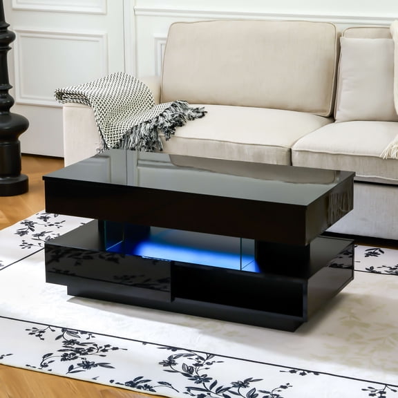 BaPiPro 39.3" Lift Top Coffee Table with LED Lighting, Hidden Compartment, 2 Storage Drawers, Adjustable Height, Black