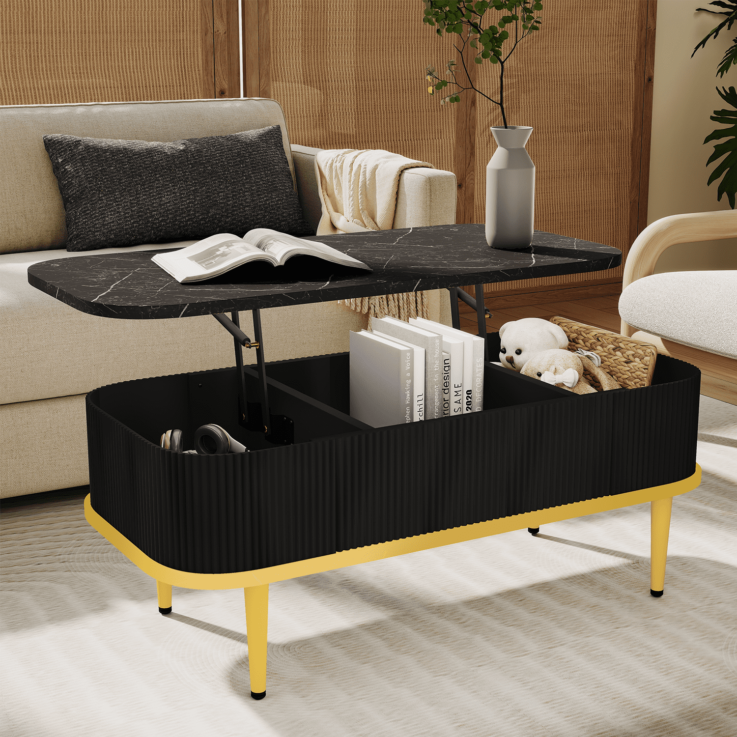 BaPiPro 39" Lift Top Coffee Table with Storage, Modern Fluted Rectangle Center Table with Hidden Compartment for Living Room, Home Office, Black