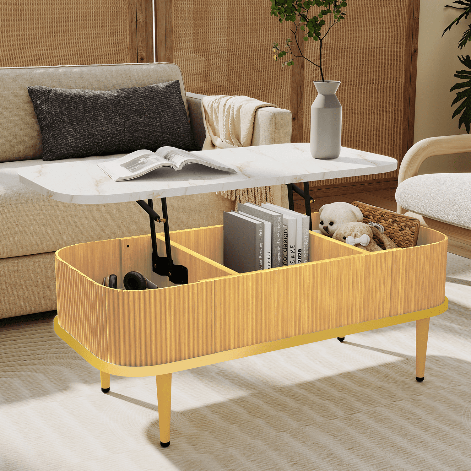 BaPiPro 39" Lift Top Coffee Table with Storage, Modern Fluted Rectangle Center Table with Hidden Compartment for Living Room, Home Office, Oak
