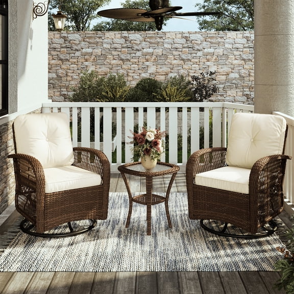 BaPiPro 3pcs Patio Furniture Set, Outdoor Rattan Swivel Gliders Rocker, Wicker Patio Bistro Set with Rocking Chair, Glass Top Side Table, Beige