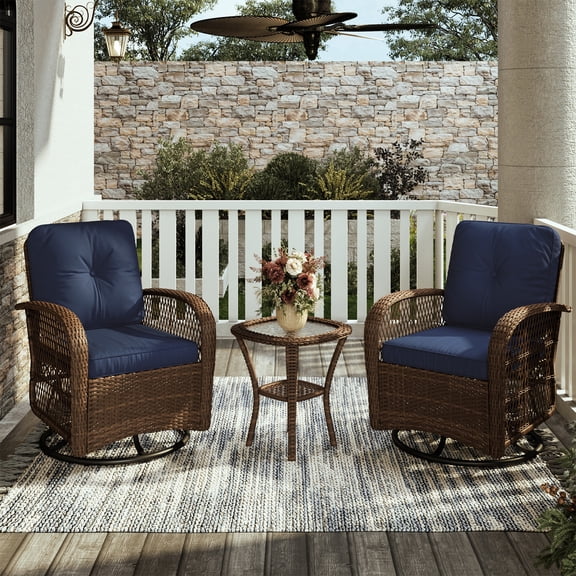 BaPiPro 3pcs Patio Furniture Set, Outdoor Rattan Swivel Gliders Rocker, Wicker Patio Bistro Set with Rocking Chair, Glass Top Side Table, Navy Blue