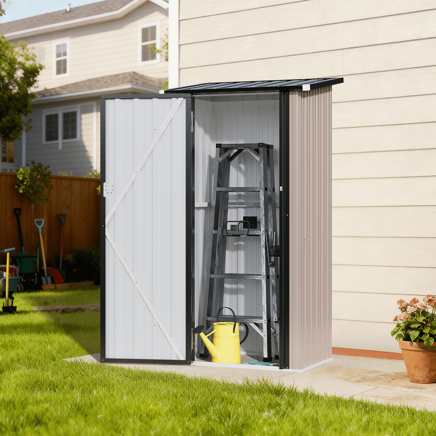 BaPiPro 3x3 ft Small Outdoor Storage Shed, Metal Tool Shed with Lockable Door for Garden Storage, Storage Cabinet Brown