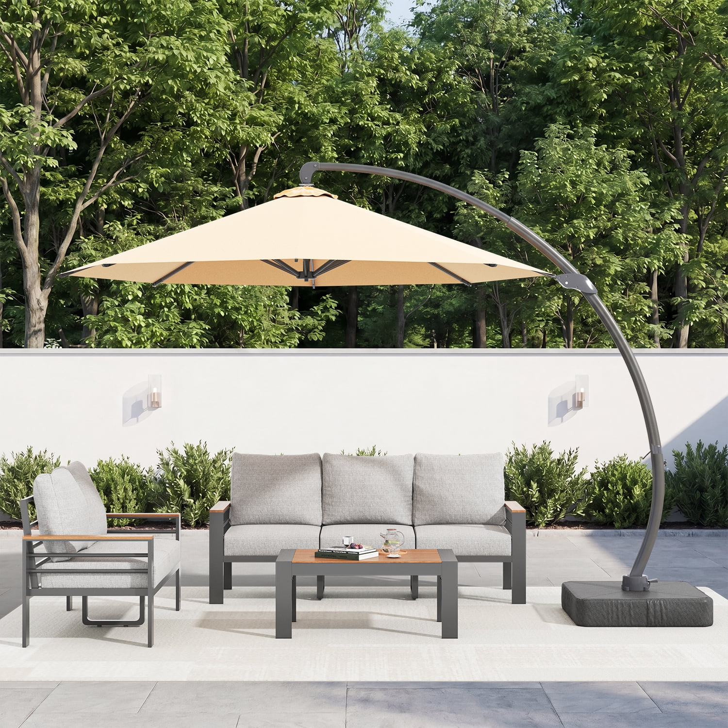BaPiPro 4-Piece Gray Exposed Tube Outdoor Sofa Set with Off-White 11FT Cantilever Umbrella, LED Lights, 360° Rotation, Weighted Base for Patio & Pool