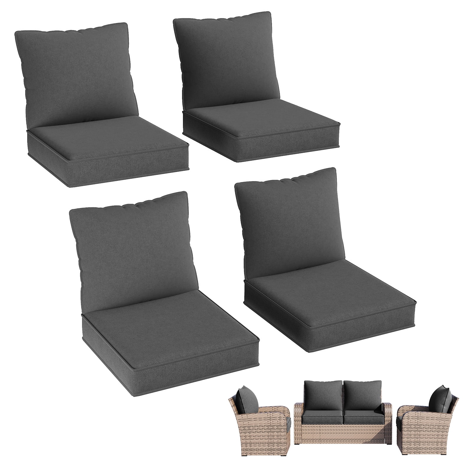 BaPiPro 4pcs Outdoor Patio Chair Cushions,Waterproof Seat & Backrest Cushion Set for Wicker Rattan Chair, Deep Seat Patio Furniture Cushions for Garden Backyard Porch, Dark Gray
