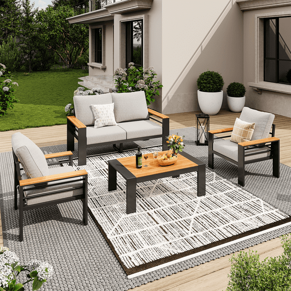 BaPiPro 4-Seats Outdoor Patio Conversation Set with Coffee Table & Cushions - Aluminum Frame Outdoor Furniture Set for Terrace, Garden, Poolside, Gray