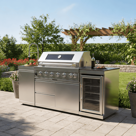 BaPiPro 44-Inch 6-Burner 85000 BTU Stainless Steel Outdoor Kitchen Island Grill with Wine Cooler, Rotisserie, Granite Countertops & Storage Cabinets (Silver)