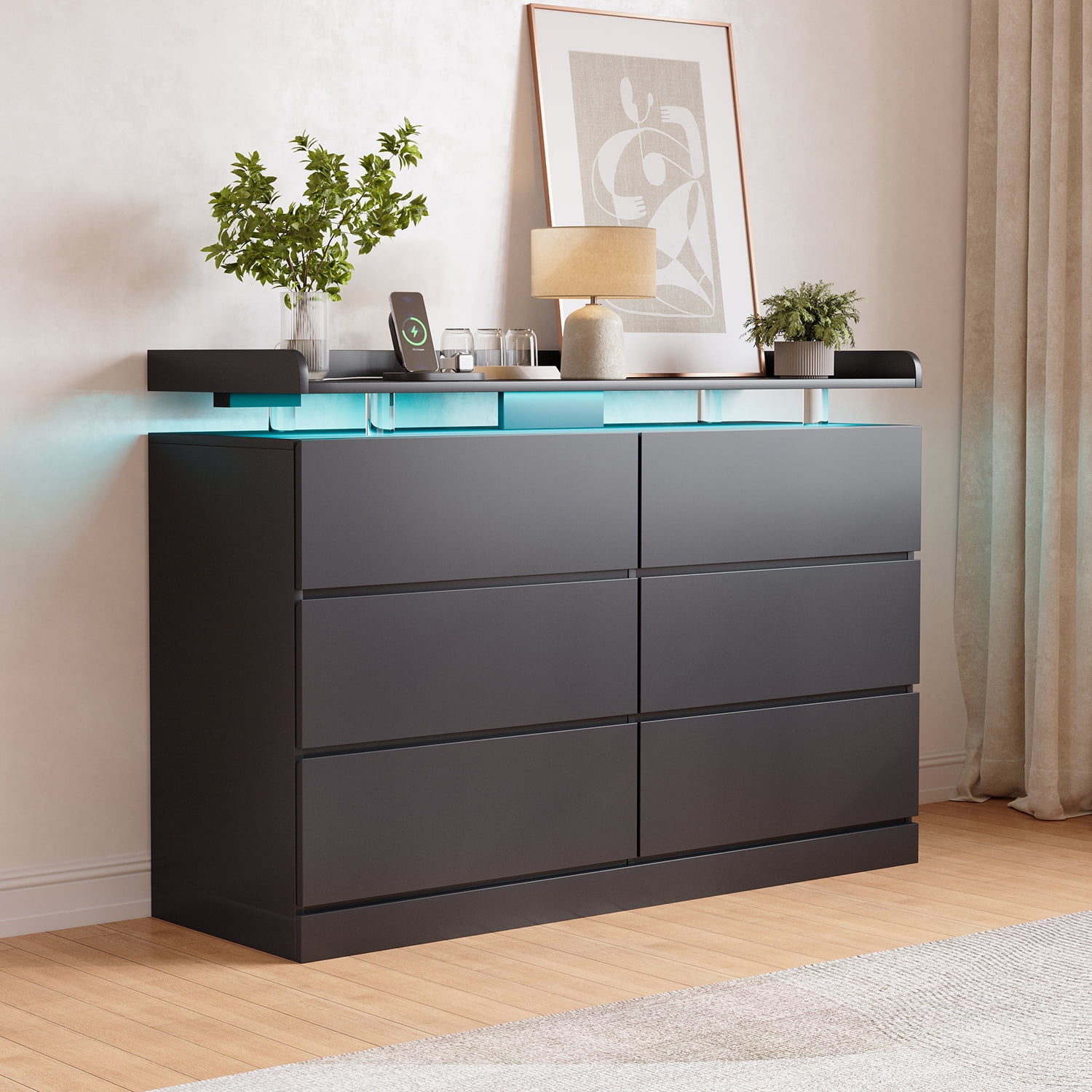 BaPiPro 47-Inch Black 6 Drawer Dresser, Modern High Gloss Chest with LED Light & Glass Tabletop, Large Capacity Storage Cabinet for Bedroom or Living Room