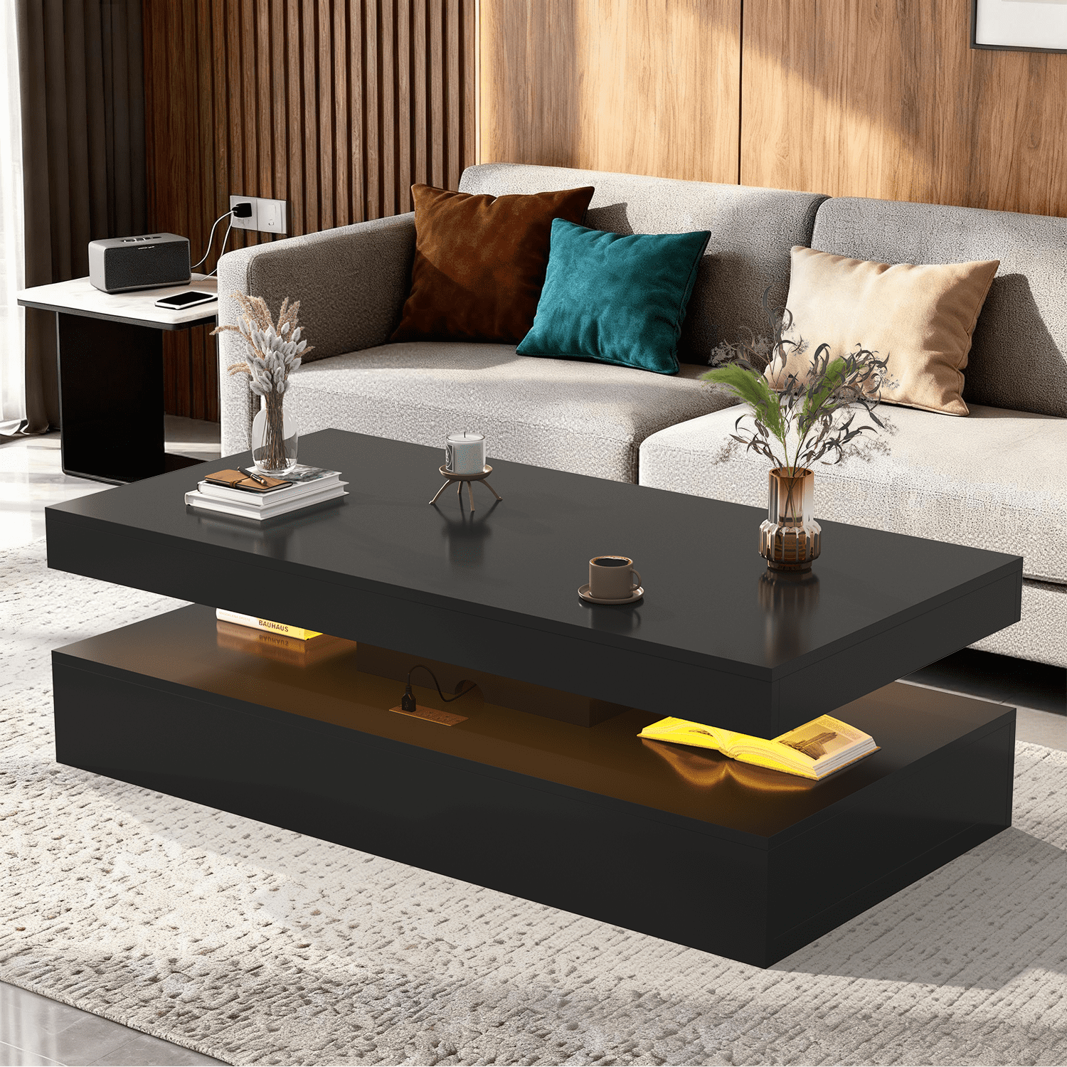 BaPiPro 47 Inch Modern LED Coffee Table with 2 Drawers, USB Charging & Smart Control, Large Center Table for Living Room, Black