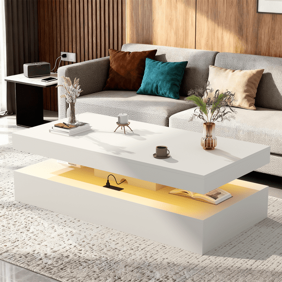 BaPiPro 47 Inch Modern LED Coffee Table with 2 Drawers, USB Charging & Smart Control, Large Center Table for Living Room, White