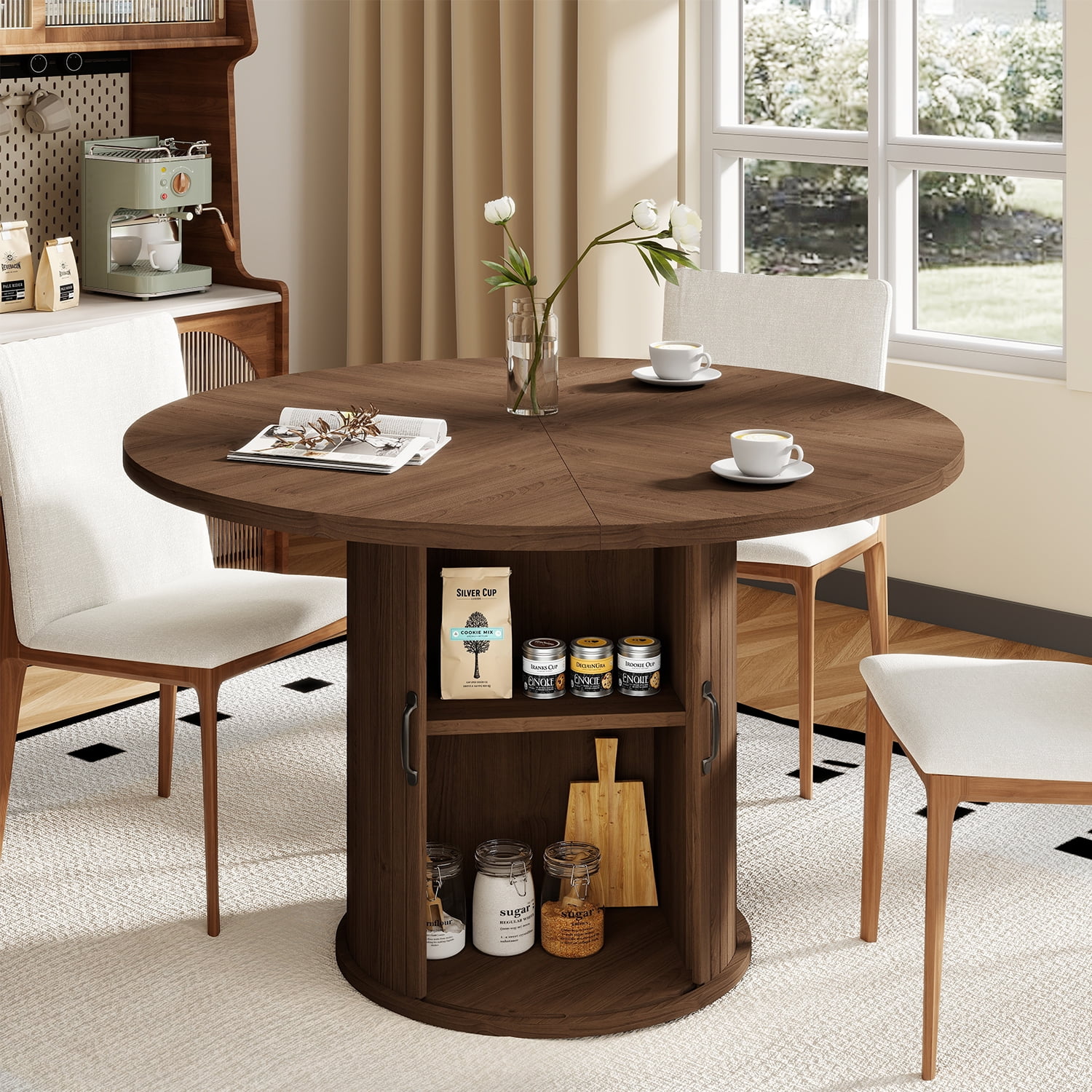 BaPiPro 47-Inch Large Round Dining Table for 4 Person, Modern Farmhouse Kitchen Table with Hidden Storage for Dining Room, Rustic Brown