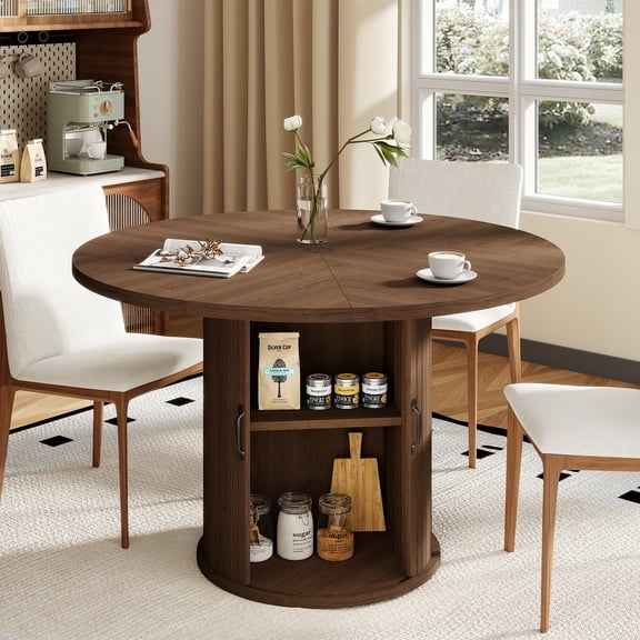 BaPiPro 47-Inch Large Round Dining Table for 4 Person, Modern Farmhouse Kitchen Table with Hidden Storage for Dining Room, Rustic Brown