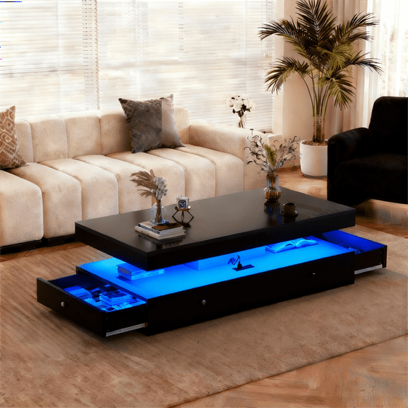 BaPiPro 47" LED Coffee Table with Side Storage Drawers, Modern High Gloss Coffee Table, over 60,000 Light Colors with Remote /App Control for Living Room, Black