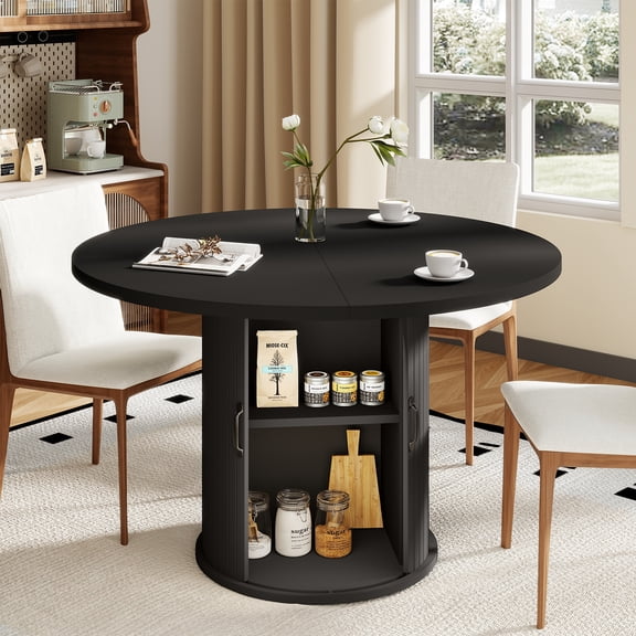BaPiPro 47" Large Round Dining Table for 4 Person, Modern Farmhouse Kitchen Table with Hidden Storage for Dining Room, Black