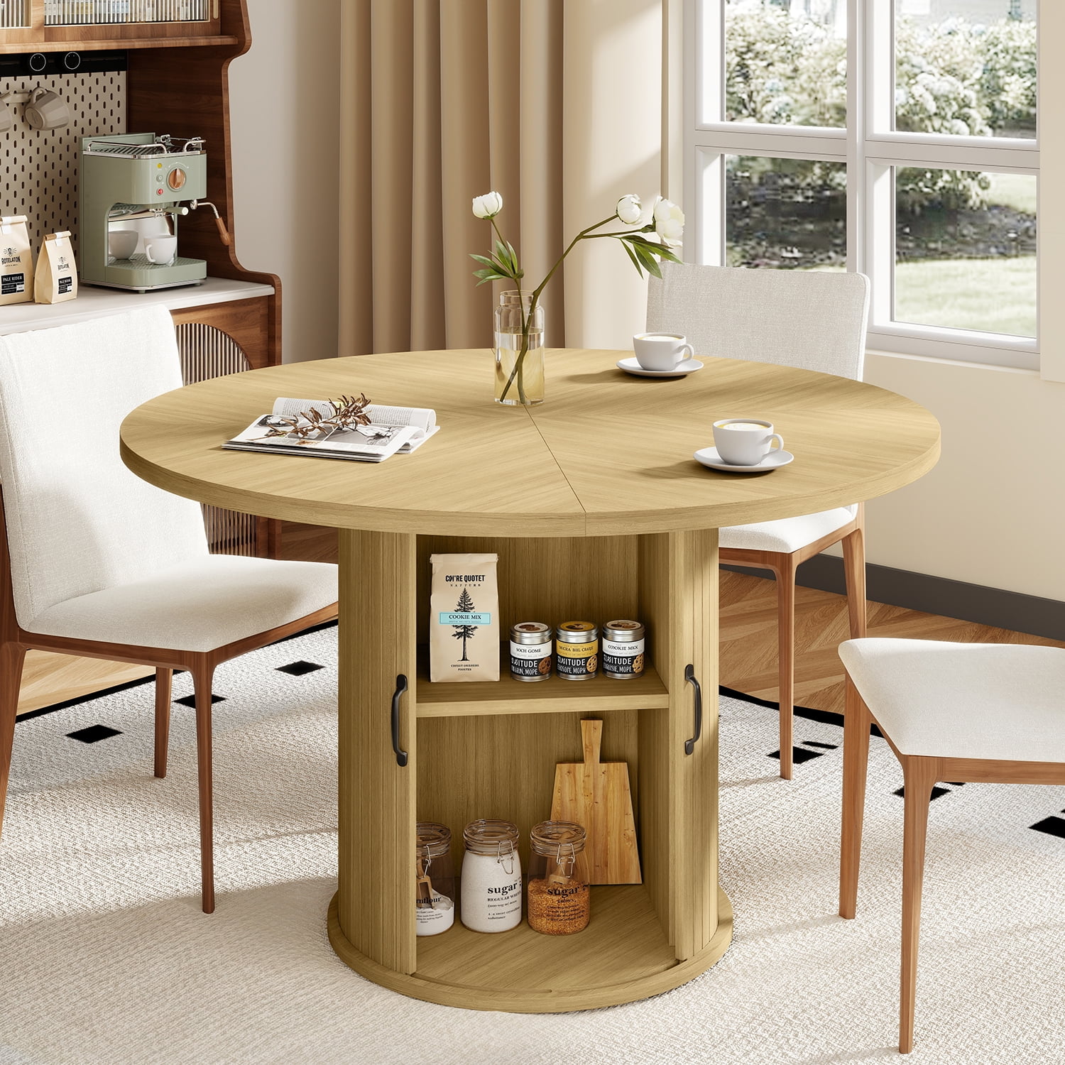 BaPiPro 47" Large Round Dining Table for 4 Person, Modern Farmhouse Kitchen Table with Hidden Storage for Dining Room, Natural Wood