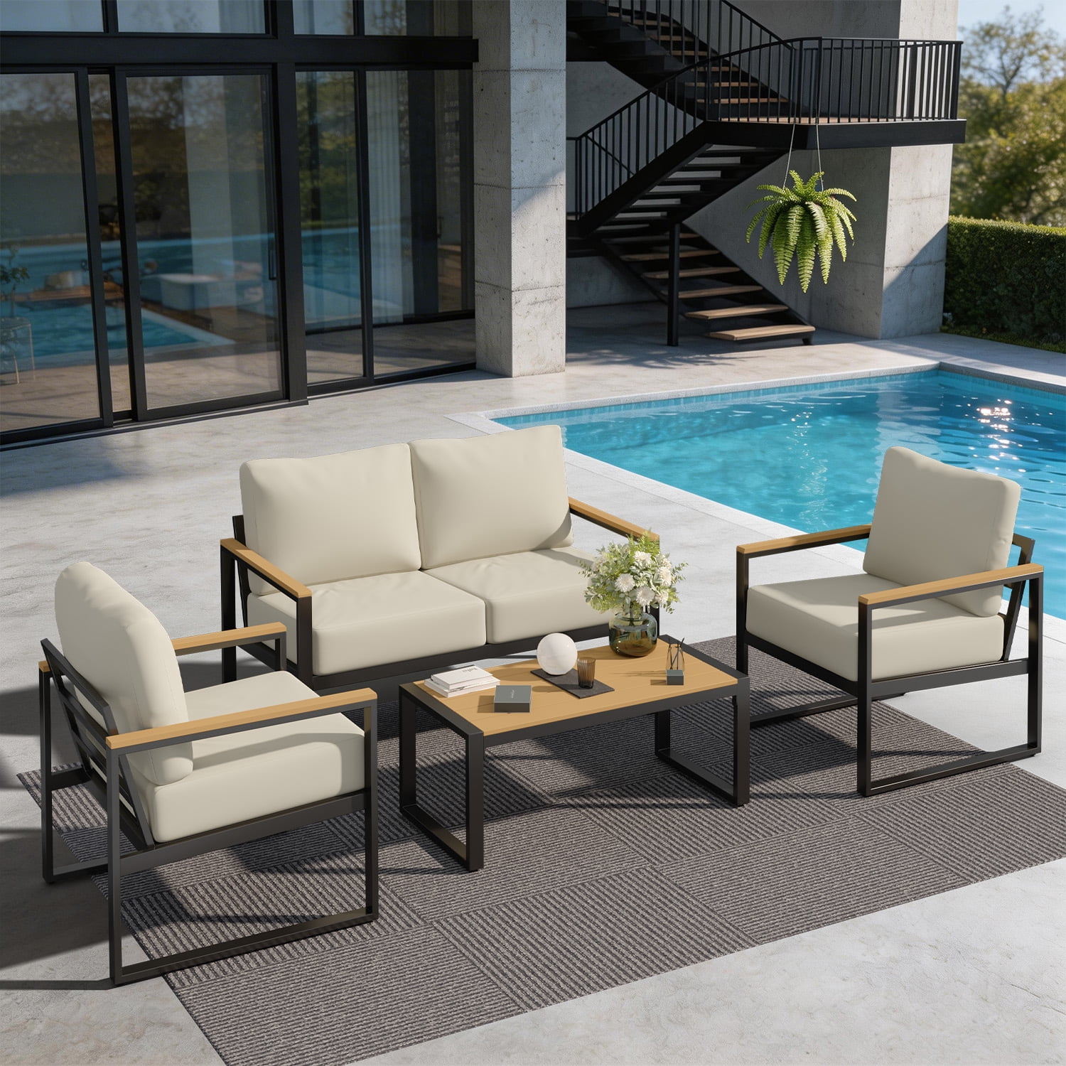 BaPiPro 4PCS Outdoor Exposed Tube Sofa Set, Beige Modern Sturdy Steel Frame & PS Composite Wood Armrest Patio Furniture Set with Coffee Table, All-Weather Removable Washable Polyester Cushions for Ba