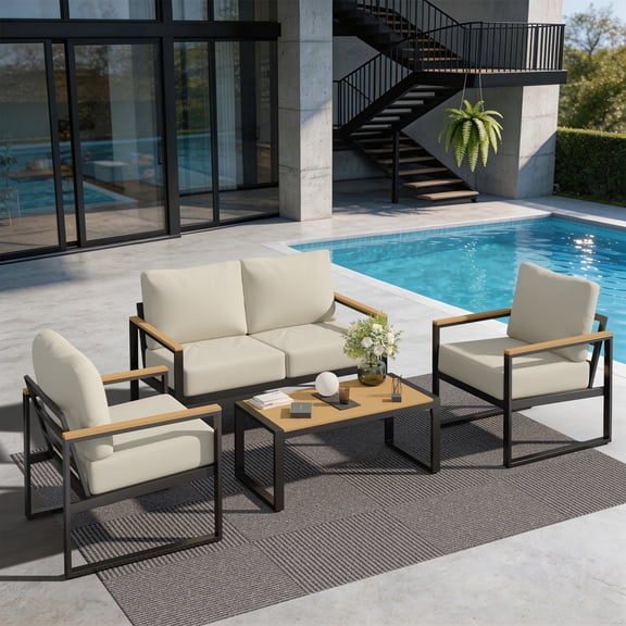 BaPiPro 4PCS Outdoor Exposed Tube Sofa Set, Beige Modern Sturdy Steel Frame & PS Composite Wood Armrest Patio Furniture Set with Coffee Table, All-Weather Removable Washable Polyester Cushions for Ba