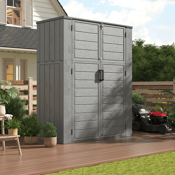 BaPiPro 5.8'x4.7' Outdoor Storage Shed Resin，Large Capacity Waterproof Plastic Storage Cabinet with Floor for Tools, Garbage Bins, Gray