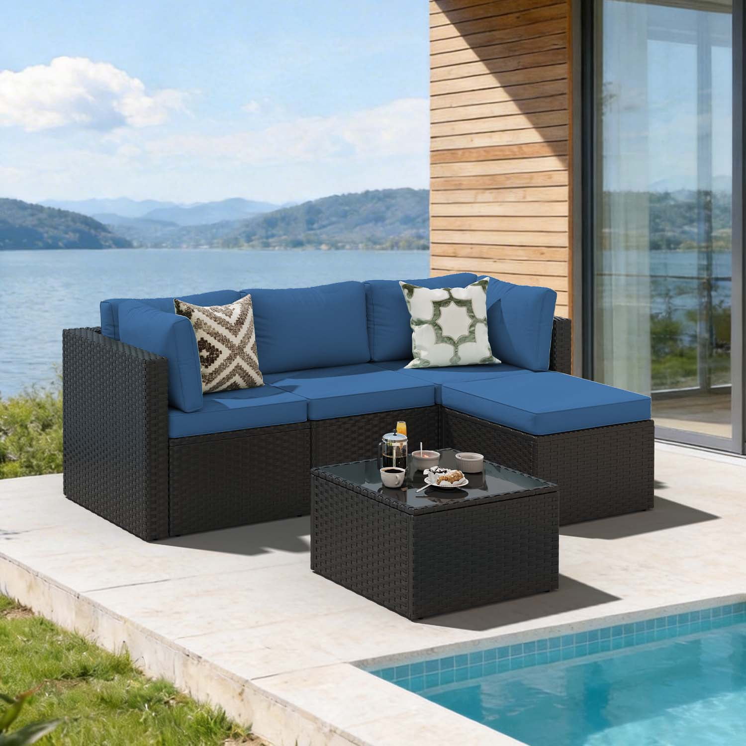 BaPiPro 5 Piece All-Weather PE Rattan Modular Patio Furniture Set, Sectional Conversation Sofa with Thick Removable Cushions & Tempered Glass Coffee Table for Backyard Poolside Garden, Navy Blue