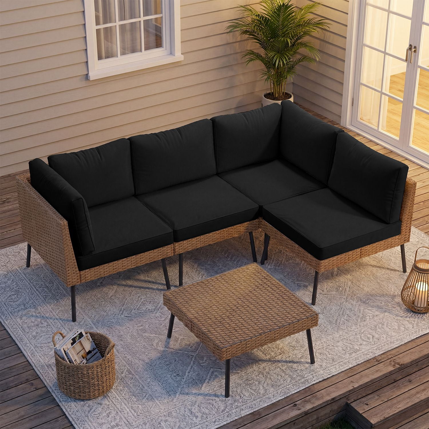 BaPiPro 5-Piece Black Wicker Patio Sectional Conversation Set, Water Resistant Cushions & Coffee Table for Backyard Poolside