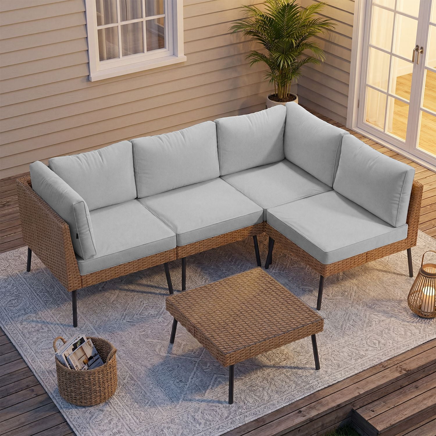 BaPiPro 5-Piece Light Gray Wicker Patio Sectional Conversation Set, Water Resistant Thick Cushions & Coffee Table for Backyard Poolside