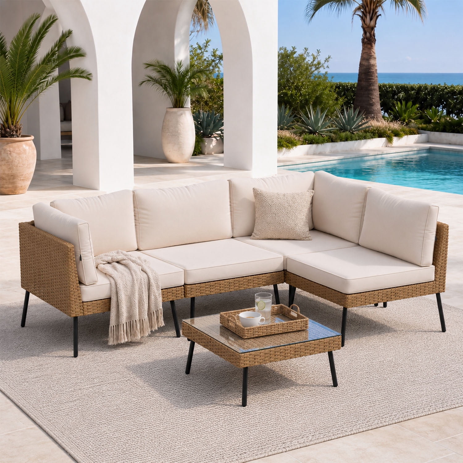 BaPiPro 5-Piece Modular Outdoor PE Rattan Sectional Sofa Set, All Weather Patio Furniture with Removable 4" High Density Cushions & Tempered Glass Coffee Table for Backyard Garden Courtyard, Beige