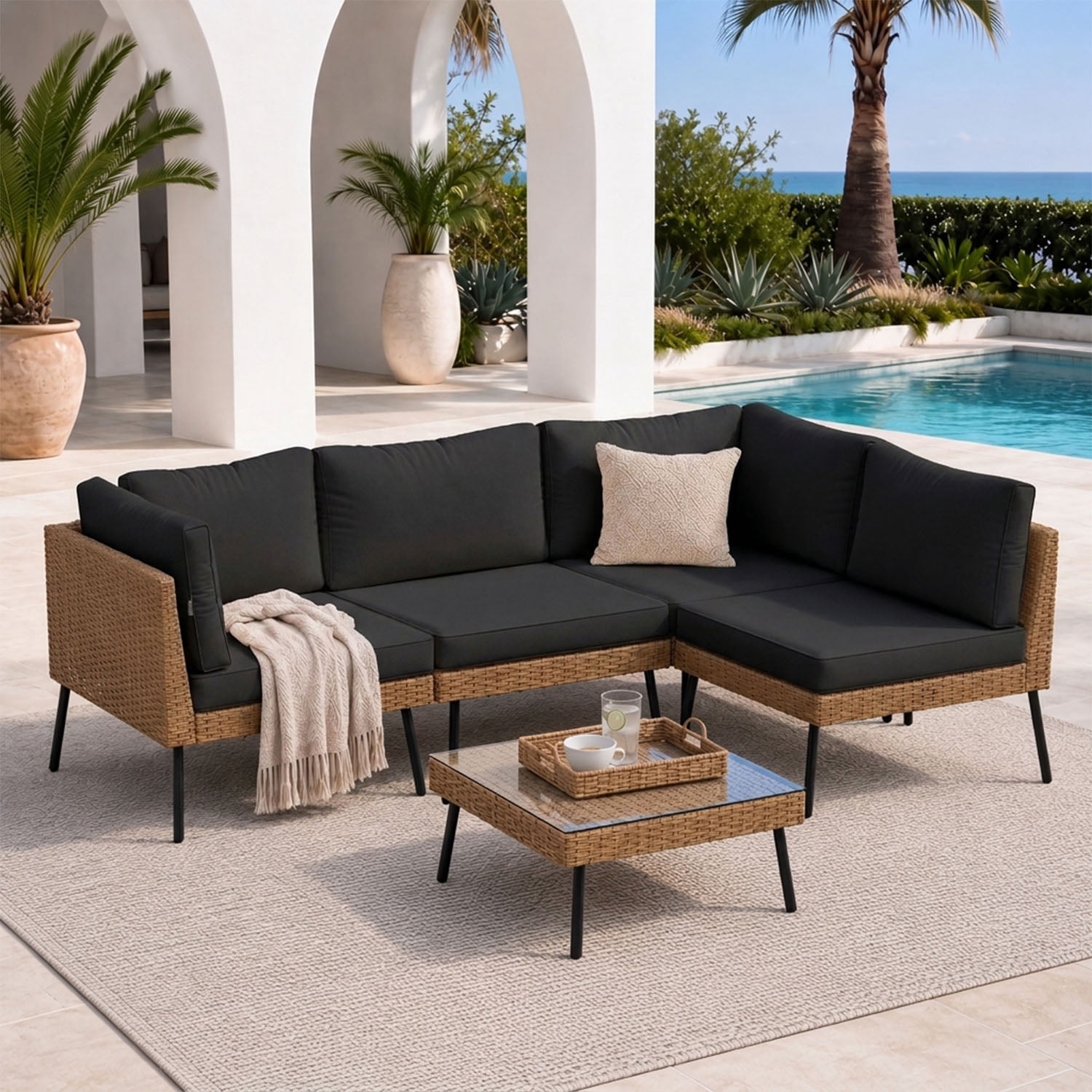 BaPiPro 5-Piece Modular Outdoor PE Rattan Sectional Sofa Set, All Weather Patio Furniture with Removable 4" High Density Cushions & Tempered Glass Coffee Table for Backyard Garden Courtyard, Black