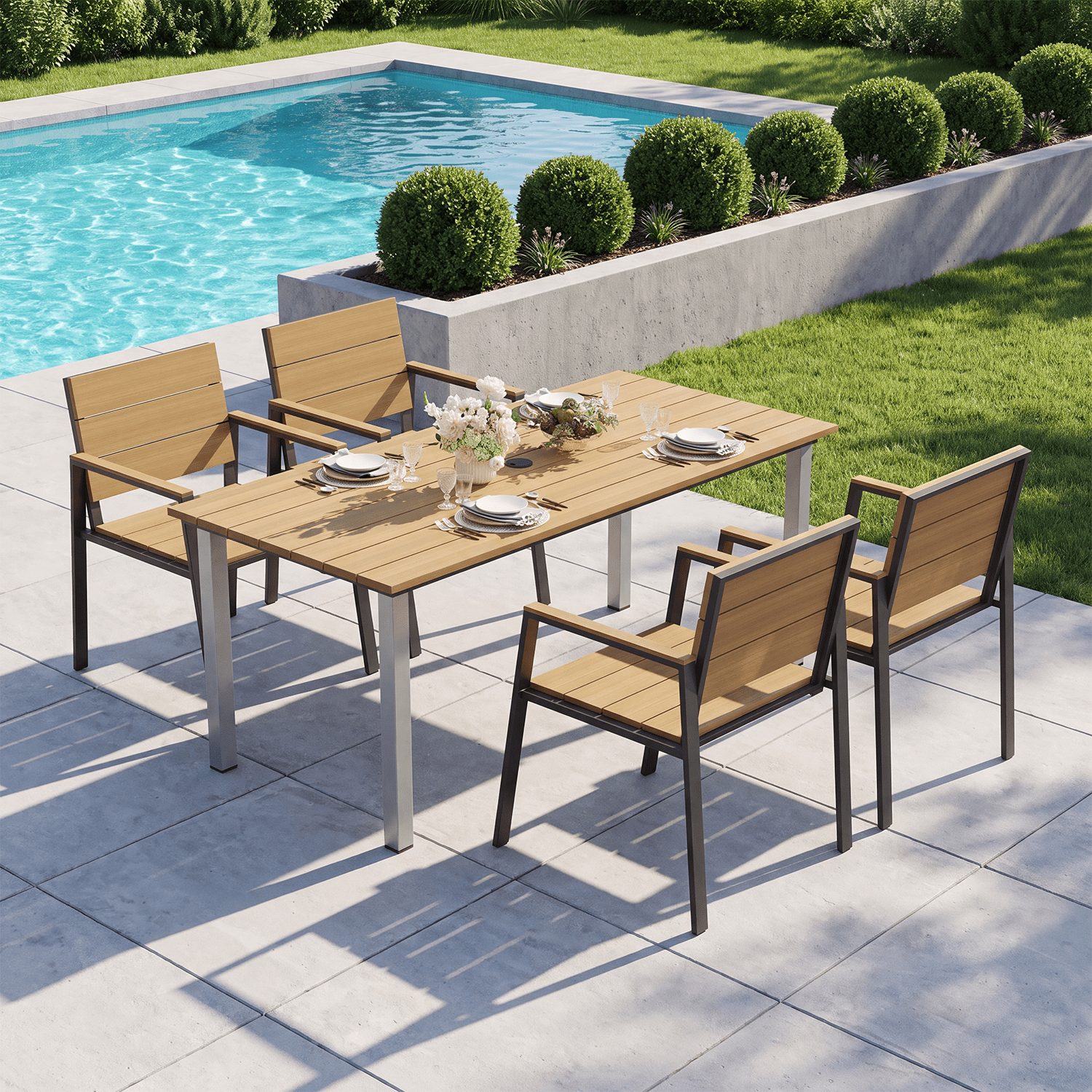 BaPiPro 5-Piece Outdoor Patio Dining Set for 4, Rust-Free HDPS Aluminum Patio Table and Chairs with Umbrella Hole, Heavy Duty All Weather Fade Resistant Maintenance Free Backyard Furniture, Yellow