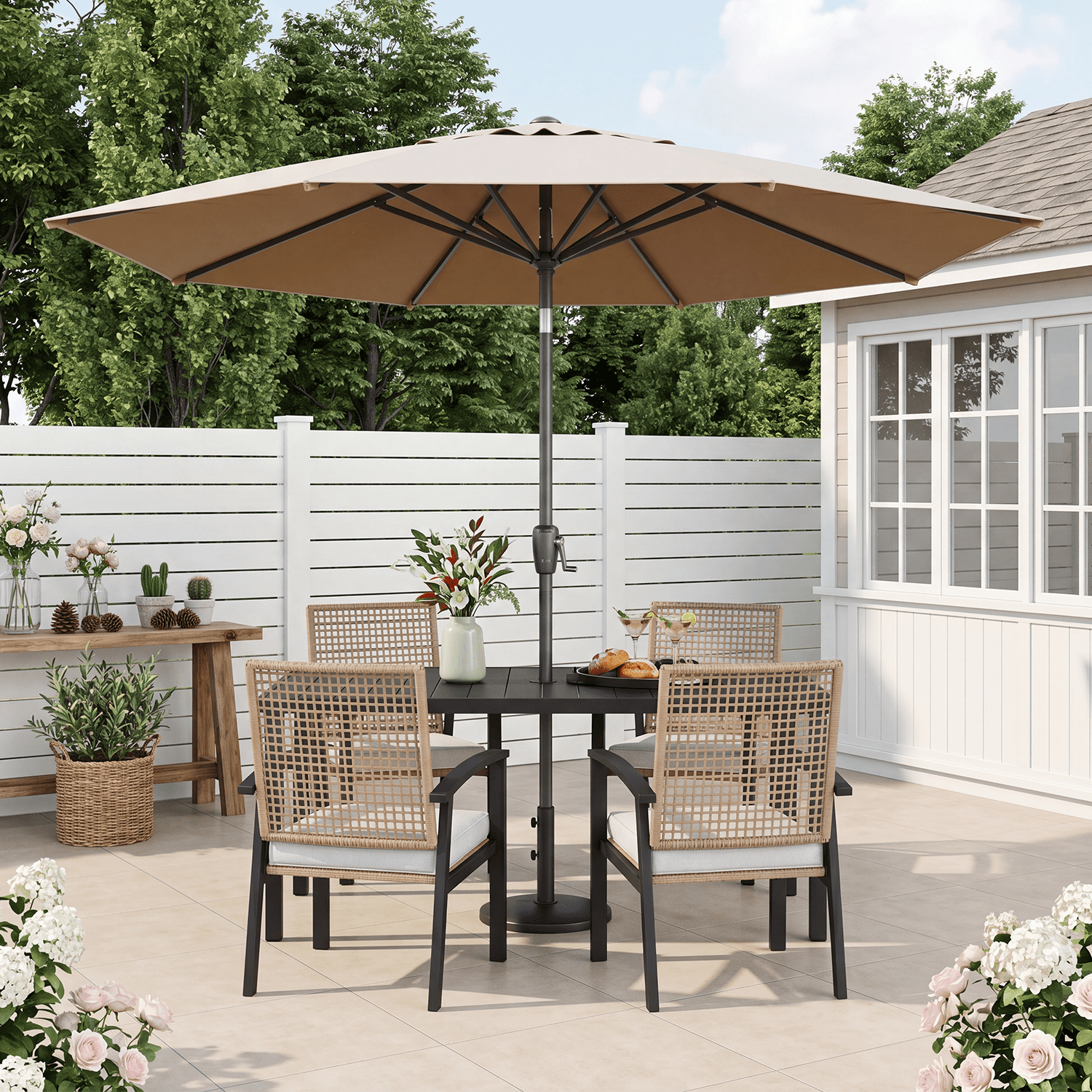 BaPiPro 5-Piece Outdoor Patio Dining Set, Wood Grain Steel Table with Umbrella Hole and 6 PE Rattan Armchairs with Soft Comfort Cushions, Heavy-Duty Rustproof Frame for Garden, Backyard & Poolside