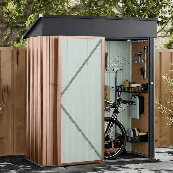 BaPiPro 5'x3' Outdoor Metal Storage Shed with Base Frame, Waterproof Tool Shed with Lockable Door for Backyard, Patio, Brown