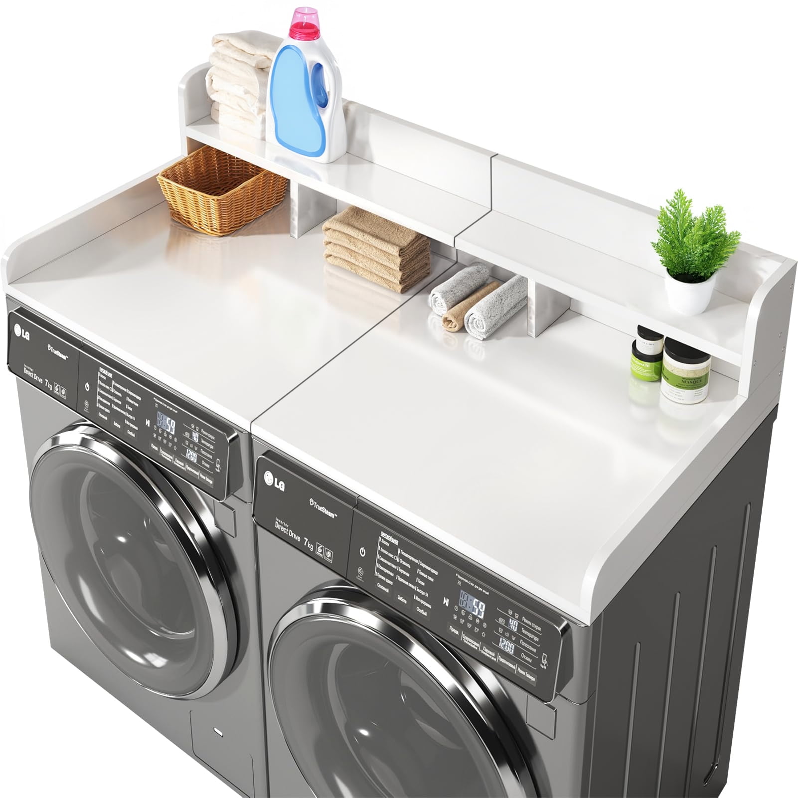 BaPiPro 54" Washer Dryer Countertop with Non-Slip Pads & Edge Guard, Double Layer Laundry Shelf Organizer for Laundry Hamper Storage, White