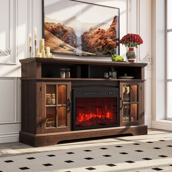 BaPiPro 58" Fireplace TV Stand with 23" Electric Fireplace for TVs up to 70", Media Entertainment Center Console Table, Rustic Brown