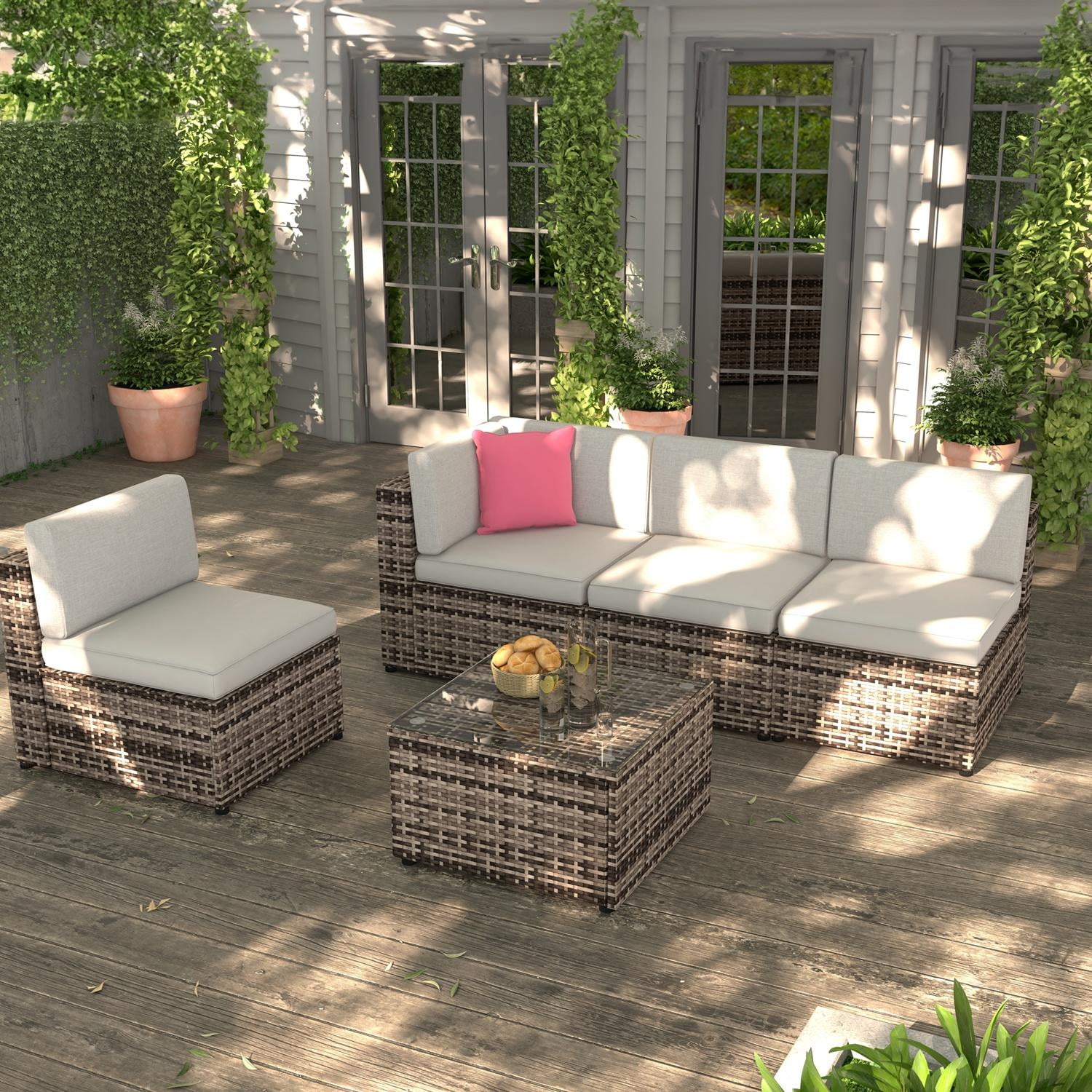 BaPiPro 5pcs Outdoor Patio Furniture Set, PE Rattan Wicker Sectional Conversation Set with Glass Coffee Table,Gray