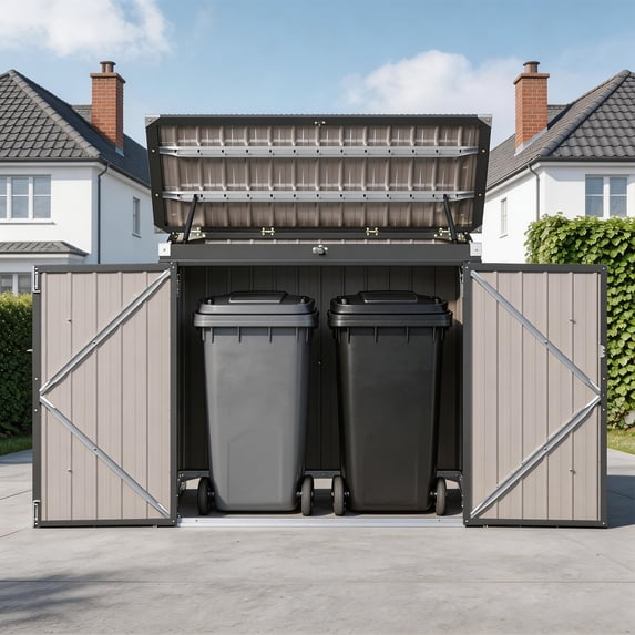 BaPiPro 49 cu.ft Outdoor Metal Storage Shed, Outdoor Lockable Shed with 3 Doors for Trash Bins & Tools, Waterproof Horizontal Storage Cabinet