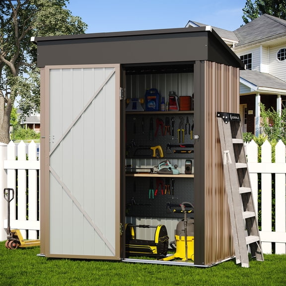 BaPiPro 5x3 FT Outdoor Storage Shed with Base, Lockable Metal Tool Shed, Waterproof Galvanized Steel Garden Storage House for Backyard, Patio, Lawn - Brown