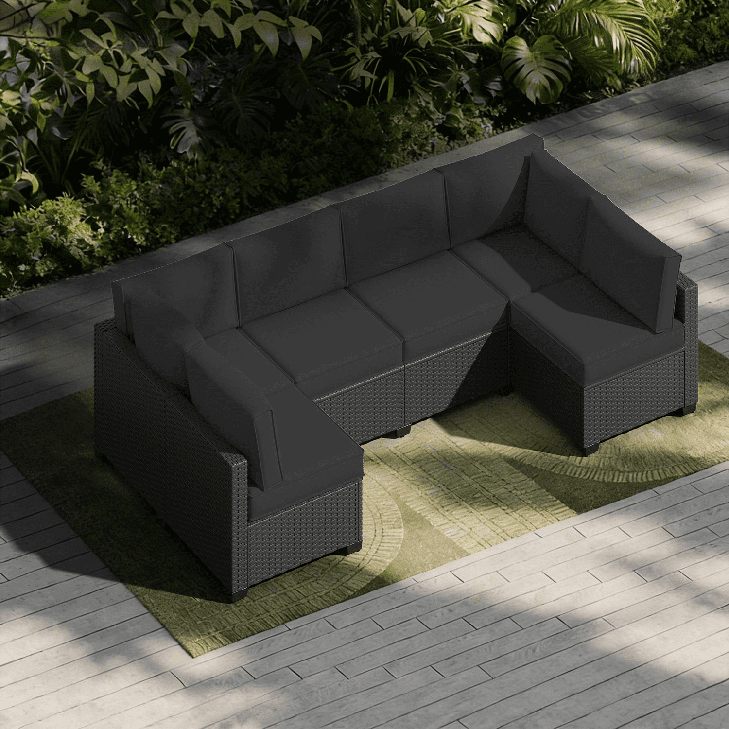 BaPiPro 6-Person Black Outdoor Sectional Sofa Cushions, Waterproof Polyester Patio Cushions with High-Density Sponge & Side Pillows, No Assembly for Backyard, Porch, Deck & Poolside